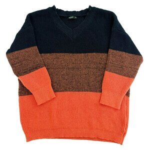 SHEIN 0XL Plus Size Oversized V-Neck Color Block Drop Shoulder Sweater